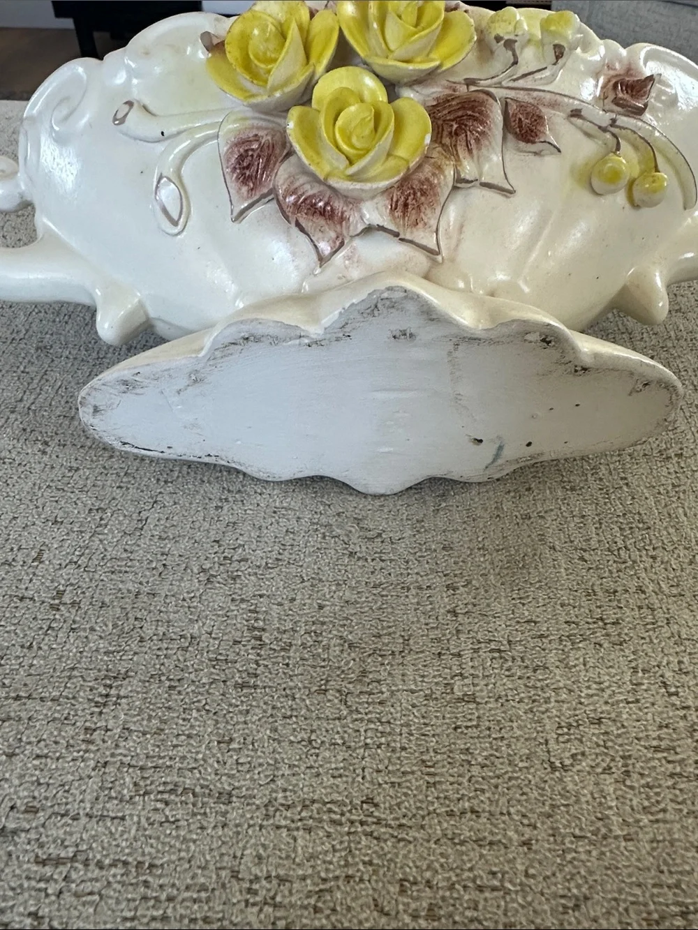 Vintage Capodimonte Style Hand Applied Yellow Rose Centerpiece Vase-Bowl